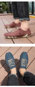 Close-up of suede casual shoes with durable rubber soles and detailed stitching