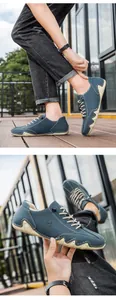 Detail of dark blue suede shoes featuring white stitching and wave patterned thick sole