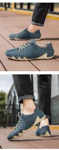 Detail of dark blue nubuck leather shoes with unique wavy anti-slip rubber outsoles