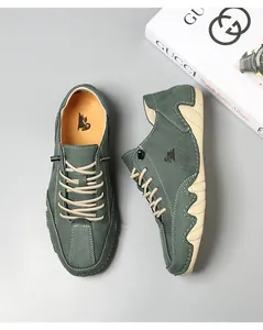 Top view of olive green nubuck leather casual shoes with durable rubber soles and stitching