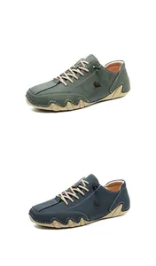 Detail showing high-quality leather casual shoes in olive green and dark blue finishes
