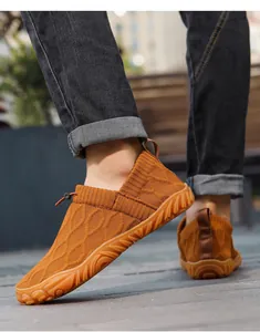 Close-up of camel knit water shoe showing breathable texture and anti-slip rubber sole