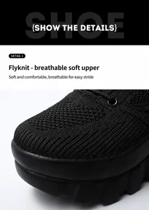Close-up of black flyknit mesh texture on women walking shoes with thick rubber sole
