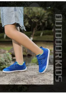 Blue kids barefoot shoes with wide toe box and breathable mesh for outdoor activities