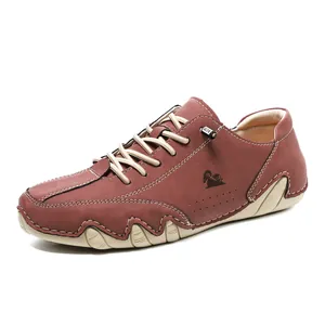 Men's low-top casual leather shoes in dark red featuring rubber soles and hand-stitched details