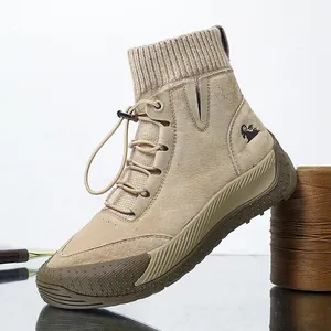 Stivali in pelle kaki da donna con colletto in maglia e suola in gomma antiscivolo