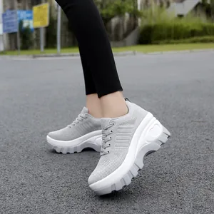 Women's grey mesh breathable platform sneakers with thick sole and heart detail