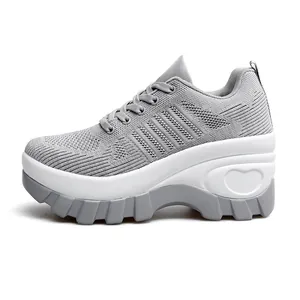 Women's grey breathable mesh platform sneakers with chic heart detail on thick white sole