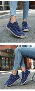Detail showing blue nubuck leather shoes with white decorative stitching and rubber soles
