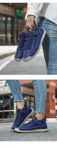 Detail view of navy casual shoes with contrast stitching and velcro closure on outdoor street