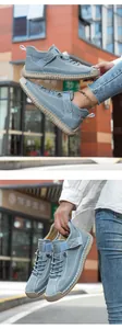 Detail view of light blue canvas casual shoes with thick hand-stitched seams and velcro straps