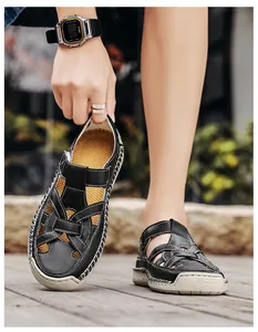 Detail showing hand-stitched leather upper and woven texture of men's casual sandals