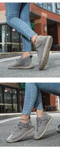 Detail of grey suede casual shoes showing durable hand-stitched seams and rubber soles