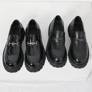 Men's platform loafers in patent and matte black leather with metal horsebit buckle