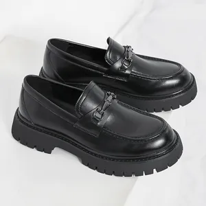 Men's black platform patent leather loafers with silver chain and chunky lug sole