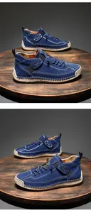 Detailed view of hand-stitched seams and blue suede texture on casual mid-top shoes