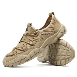 Détails de chaussures de randonnée kaki avec maille respirante et semelles antidérapantes