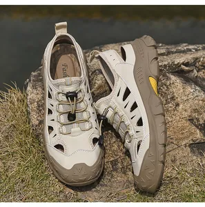 Detail of breathable mesh upper and durable rubber sole on men outdoor hiking sandals