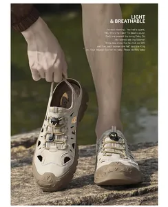 Close-up of beige breathable hollow mesh sandals with anti-slip rubber soles outdoors