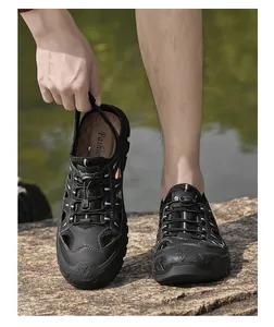 Detailed view of men's closed-toe sandal with elastic drawstring and anti-slip sole