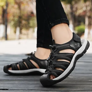 Sandales de randonnée en cuir noir pour hommes avec système de laçage rapide élastique