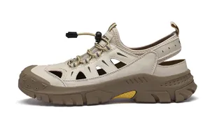 Macro detail of breathable hollow upper and elastic drawstring on men's beach sandals