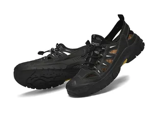 Detailed close-up of breathable mesh fabric and rubber sole on outdoor beach sandals