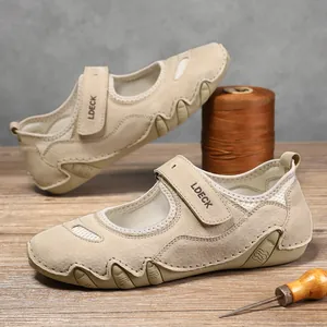 Sandalias de senderismo de cuero para hombre con malla transpirable y cierre de velcro