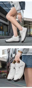 Détails de chaussure de loisirs en cuir blanc avec coutures à la main et semelle en gomme