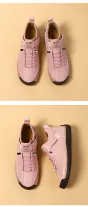 Détails de chaussures en cuir rose avec coutures artisanales et fermeture à scratch