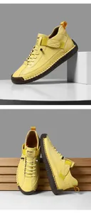 Détail de chaussures décontractées en cuir jaune avec coutures croisées et semelle en gomme