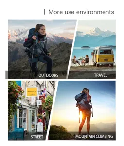 Blue waterproof hiking backpack shown in various outdoor scenarios with ergonomic design
