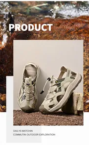 Outdoor hiking sandals on rocks near a stream showing durable rubber soles and toggle laces