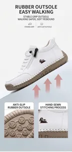 Detail of durable non-slip rubber outsole and handmade stitching on white leather shoes