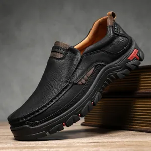 Chaussures décontractées pour hommes en cuir noir avec semelle en caoutchouc durable