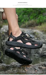 Macro shot of breathable outdoor sandals featuring quick-lace bungee and non-slip sole