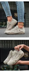 Outdoor mesh sneakers featuring wave-shaped soles and breathable khaki suede splicing