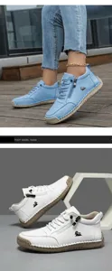 Detail of hand-stitched light blue casual leather shoes with side zipper and logo