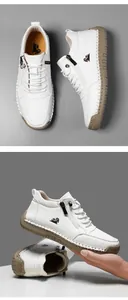 Detalle de zapatos casuales de cuero blanco con cremallera y suela de caucho cosida a mano
