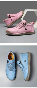 Detalle de zapatos informales de cuero rosa y azul con cremallera y costuras a mano