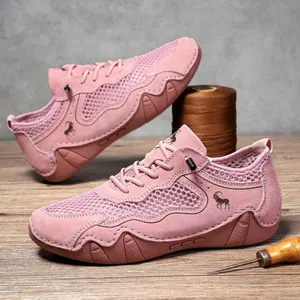 Pink breathable mesh outdoor casual sports sneakers with non-slip wavy sole