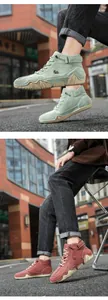 Detail of high-top casual boots featuring anti-slip rubber soles and suede leather texture