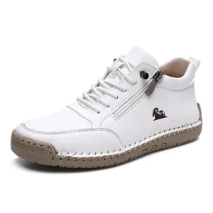 Zapatos casuales de cuero blanco para mujer con cremallera y suela de caucho