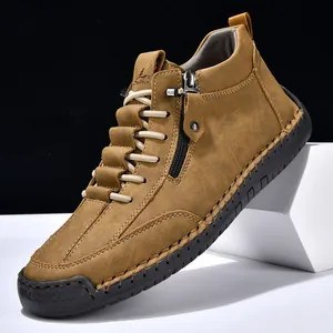 British Style Men Casual Martin Boots Mid Top Side Zipper Lace Up Non Slip Rubber Sole Work Shoes Solid Color