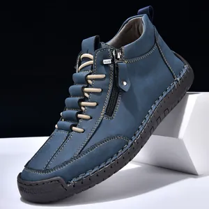 Navy blue men's high-top leather casual boots with side zipper and rubber sole