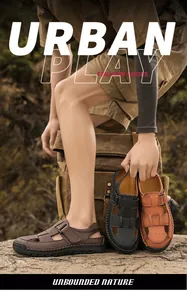 Outdoor leather sandals with anti-slip rubber soles and breathable side cutouts for men