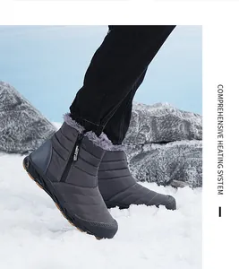 Detail of waterproof grey snow boot featuring thick plush lining and side zipper