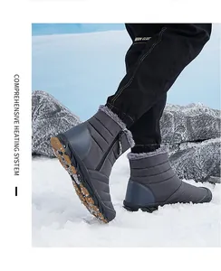 Detail of warm grey winter boots with faux fur lining and non-slip rubber soles on snow