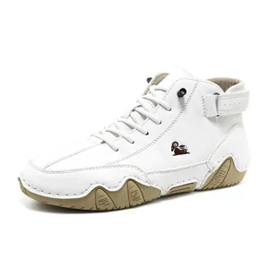 White high-top casual leather boots for men featuring brown sheep logo and rubber sole
