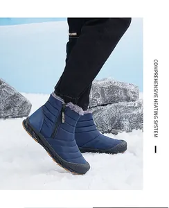 Detail of navy winter boots showing waterproof nylon, warm faux fur, and metal side zipper